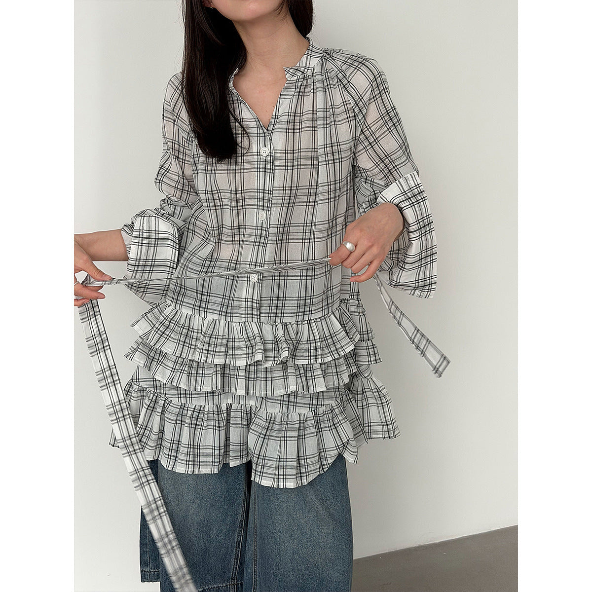 Korean plaid ruffle V-neck lace-up shirt for women's 26 spring niche design stacked dress
