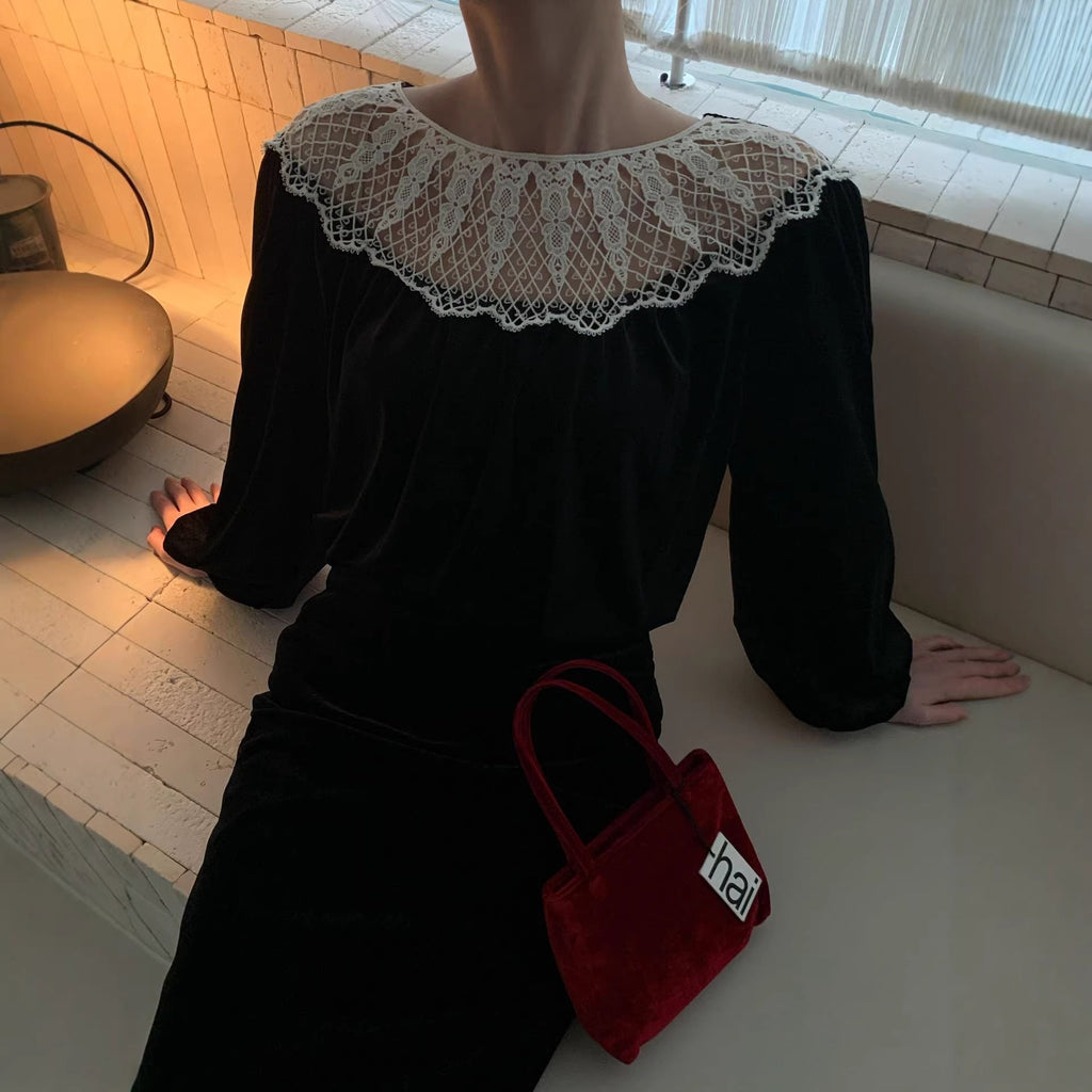 Velvet Shirt Lace Hollow Crew Neck Long Sleeve Sweater