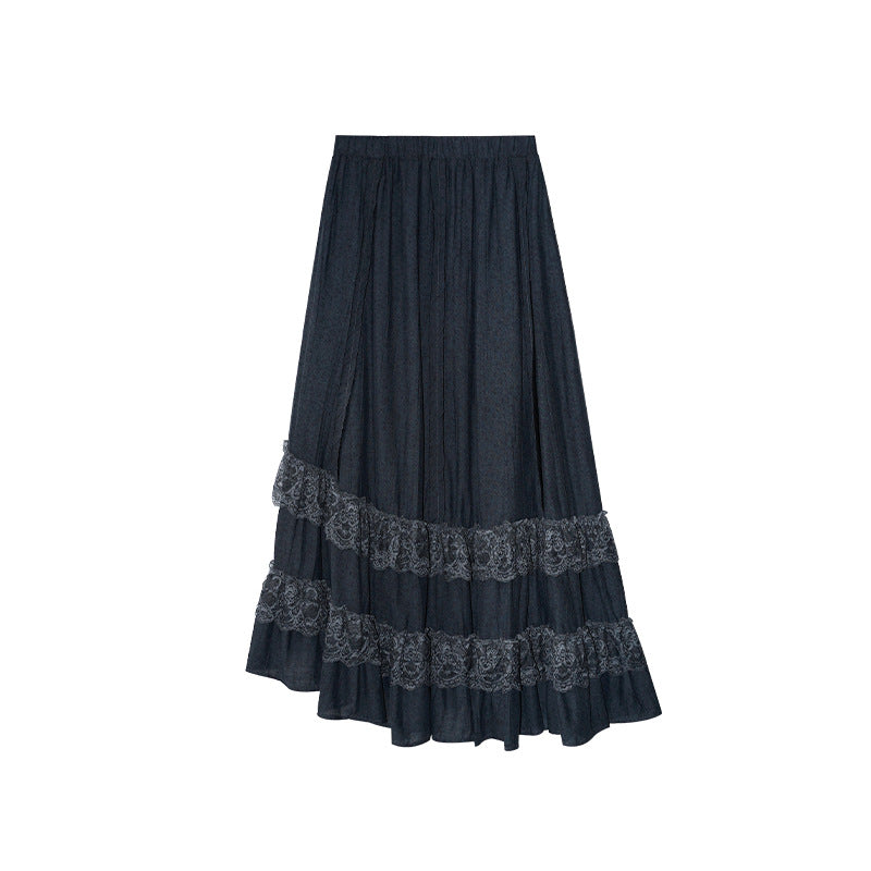 Mori girl atmosphere sweet elastic lace stitching skirt