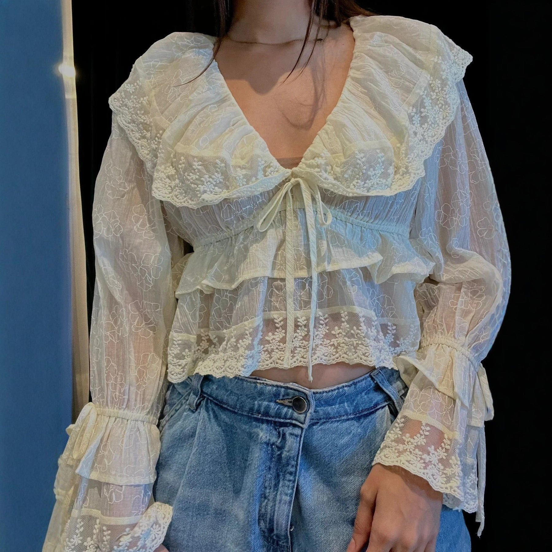 Temperament Fashion Commuter V Chiffon Top Perspective Lace Lace Shirt