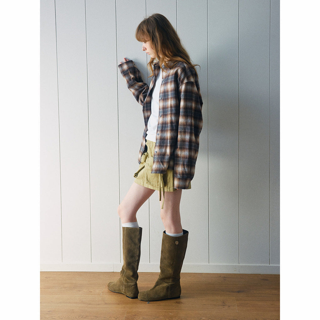 Autumn new casual lapel classic retro cotton versatile plaid medium and long shirt