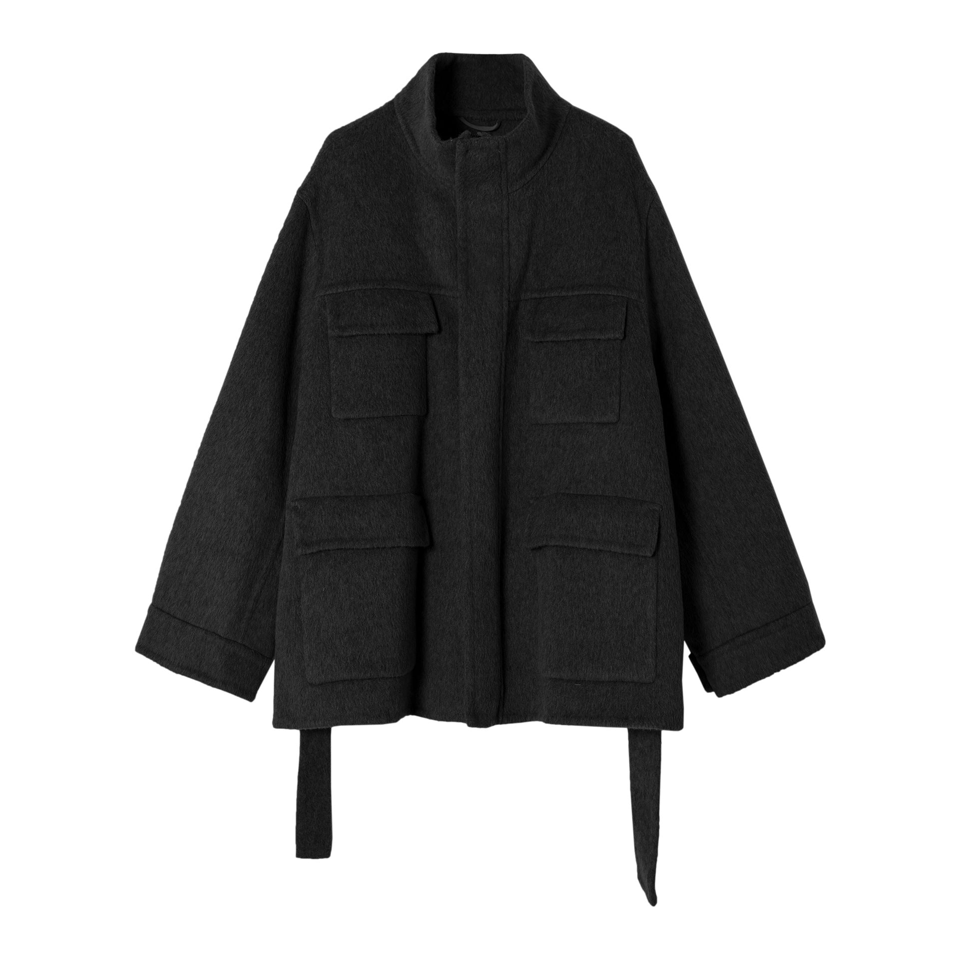New design full wool double patch bag adjustable belt woolen jacket