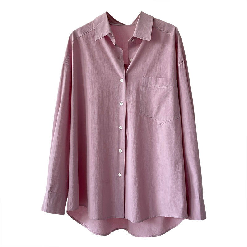 Lapel Long Sleeve Shirt Women Button-Up Solid Color Korean Style Top