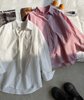 Lapel Long Sleeve Shirt Women Button-Up Solid Color Korean Style Top