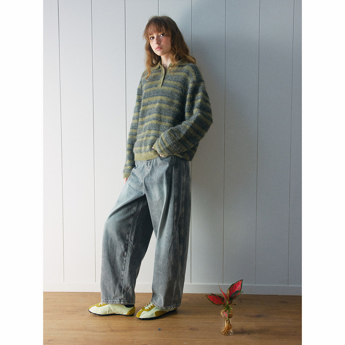 Autumn new casual polo collar high proportion alpaca hair versatile contrasting striped sweater