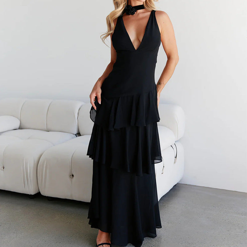 Fashion sexy long dress backless French suspender dress high waist cake dress light luxury pleated