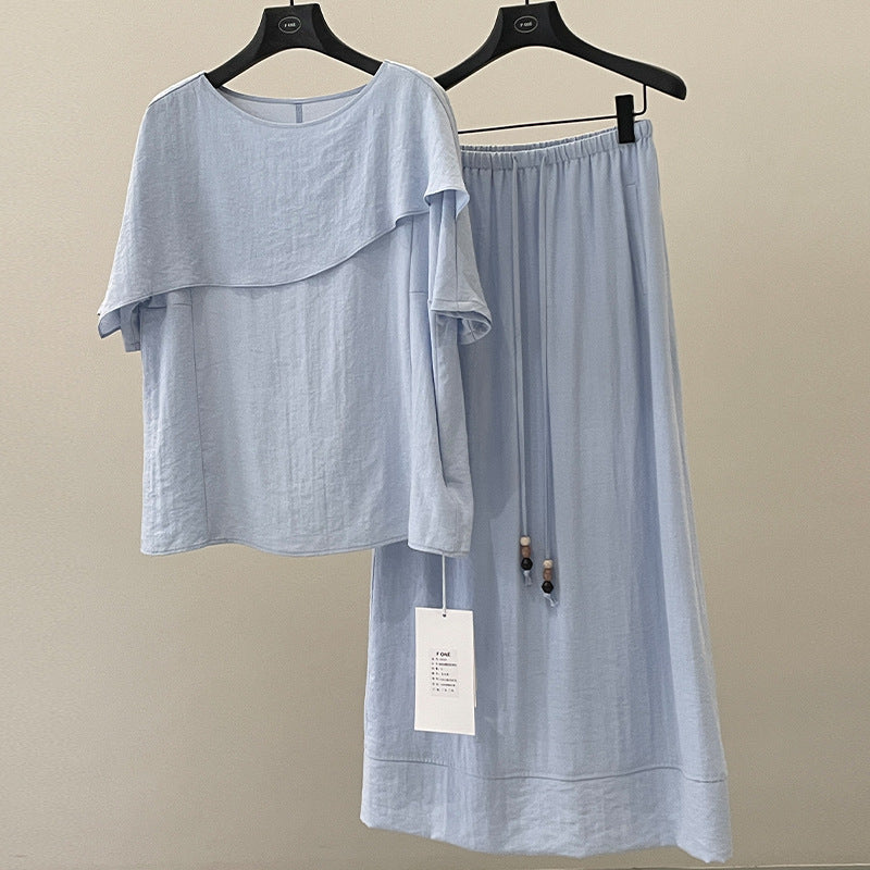 Temperament ruffle edge short-sleeved shirt + drawstring skirt two-piece set minimalist style suit spring and summer