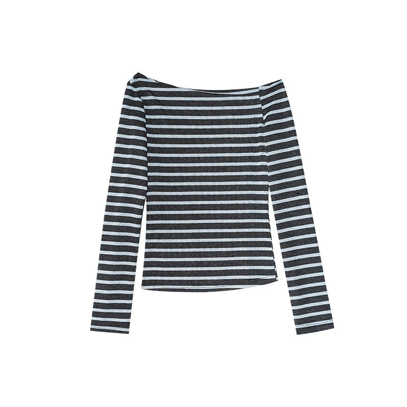 Long Sleeve Slash Shoulder Neck Striped T-Shirt Top