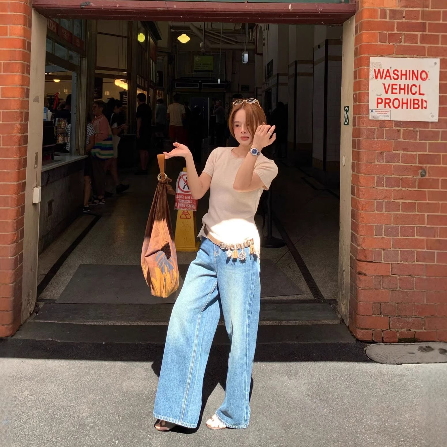 Fashion ins bow embroidered straight slim jeans