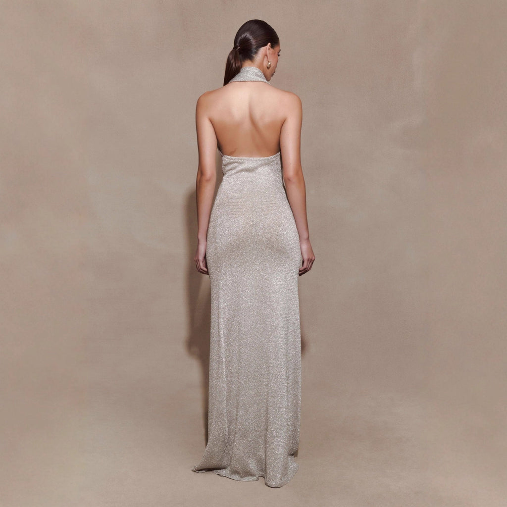 Fashion pleated diagonal neck neck knitted hip skirt backless sexy dress