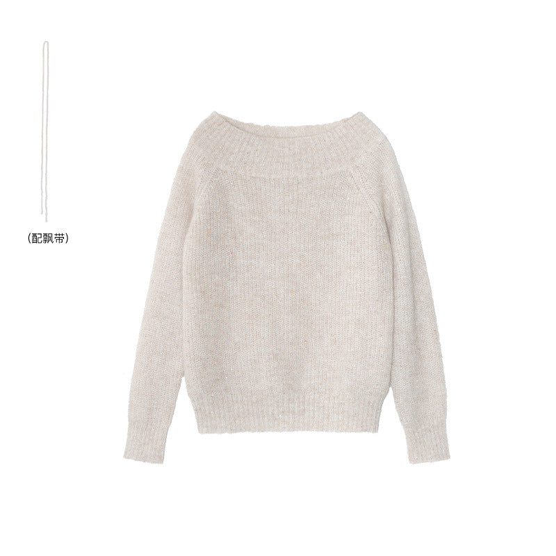 Temperament loose slanted shoulder backless sexy lace-up sweater