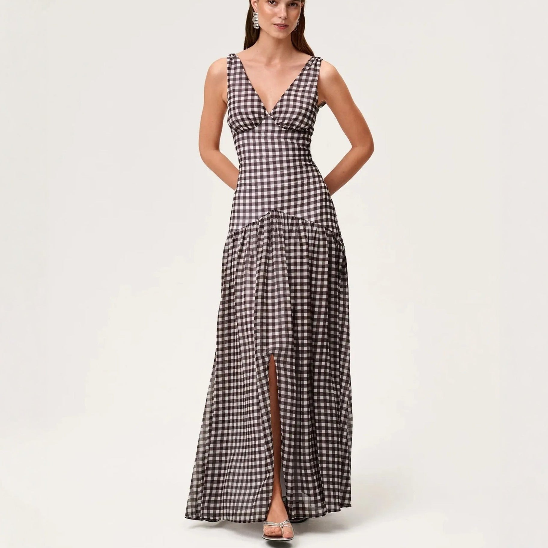 Stylish French plaid print split skirt waist sexy halter dress