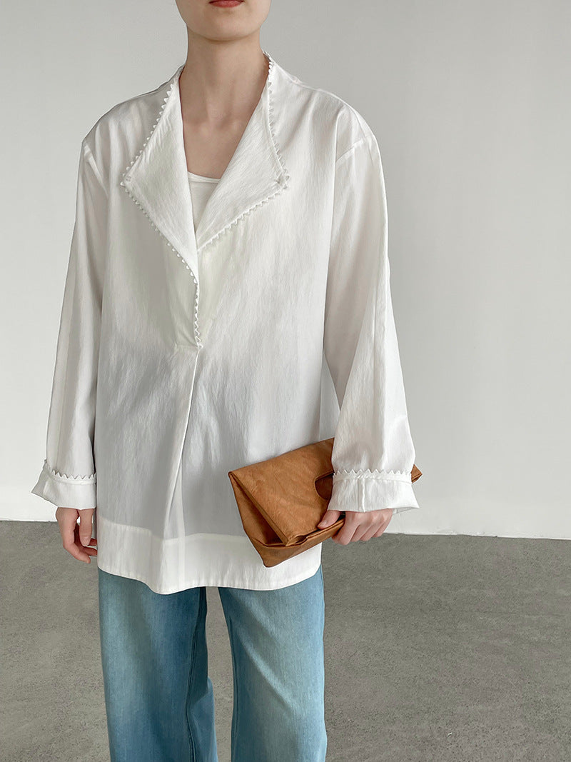 Serrated Lace Semi-Open Collar Loose Long Sleeve Shirt