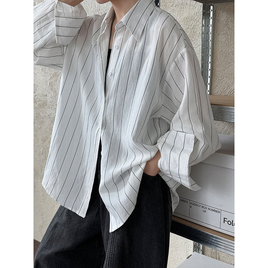 Korean casual temperament striped linen long-sleeved shirt jacket women's early autumn new old money style top