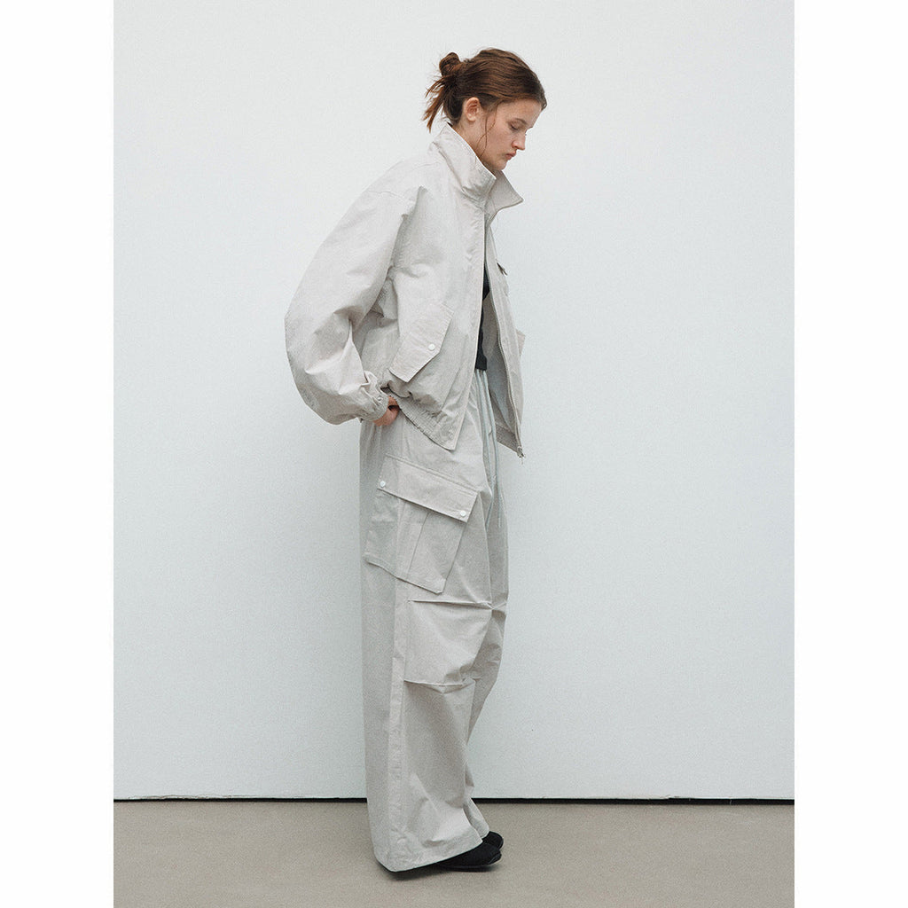Spring new casual high-waisted lace-up solid color outdoor cotton brocade large paper bag paratrooper trousers