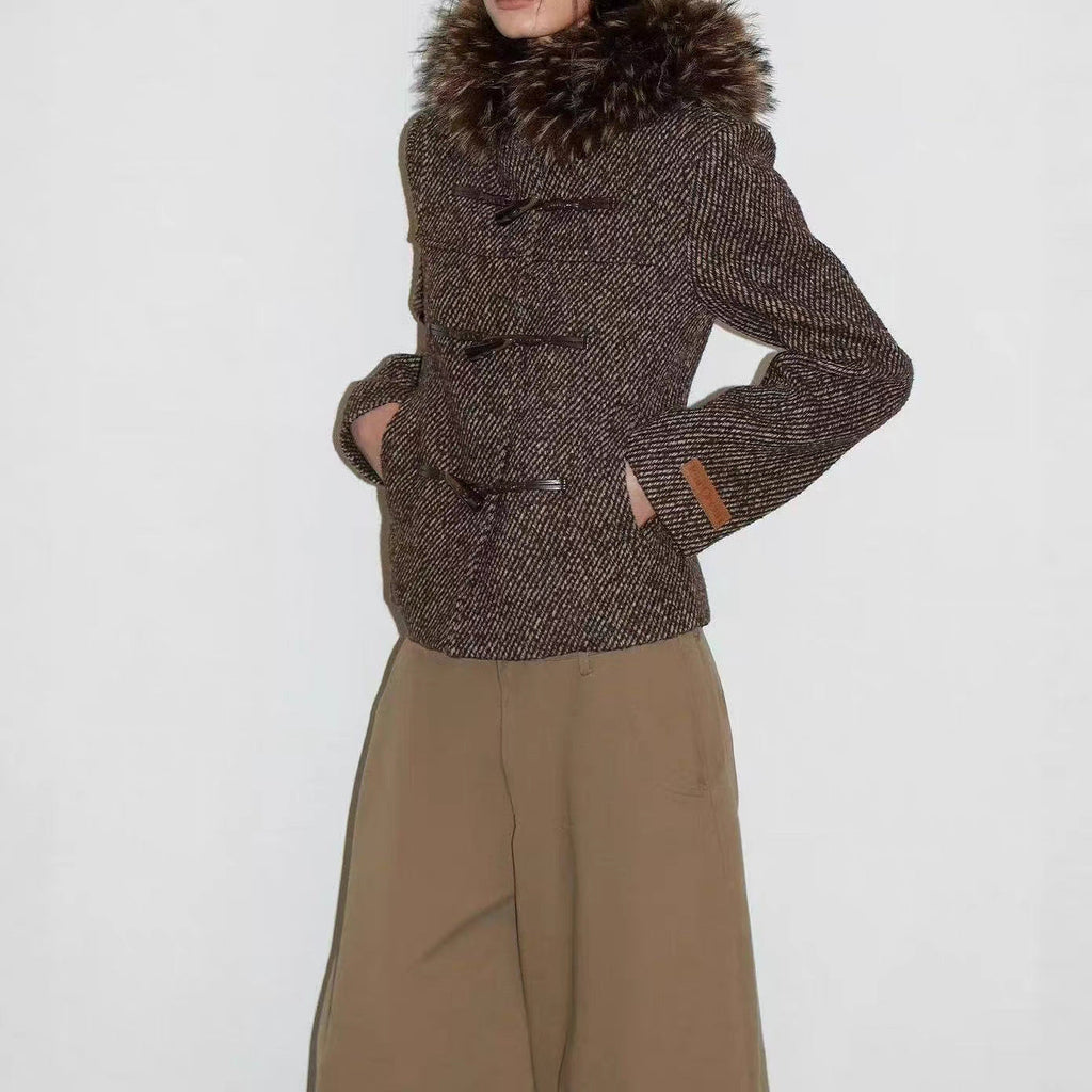 2026 retro twill wool removable fur collar slim and thin woolen jacket women's short waist woolen goods autumn and winter