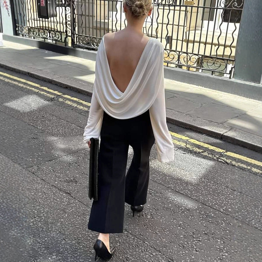 Stylish sexy hottie big backless long sleeve casual top