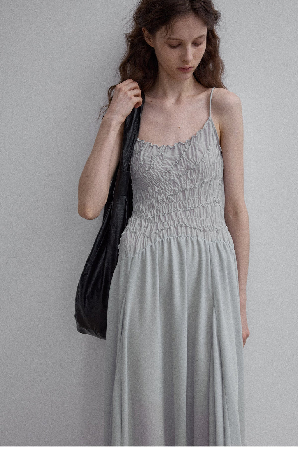 Folded chiffon asymmetric midi skirt atmosphere literary slim elastic suspender dress