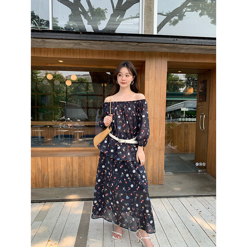 French holiday style fresh and sweet print a-word skirt