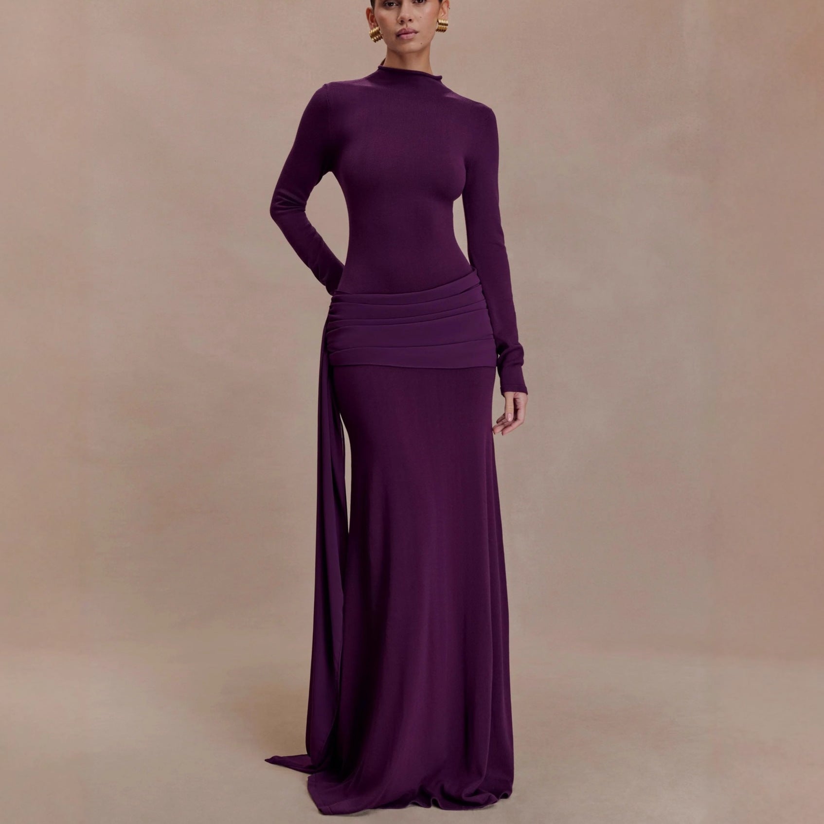 Fashion French Ribbon Long Sleeve Knitted Dress Celebrity Autumn and Winter Hip Dress