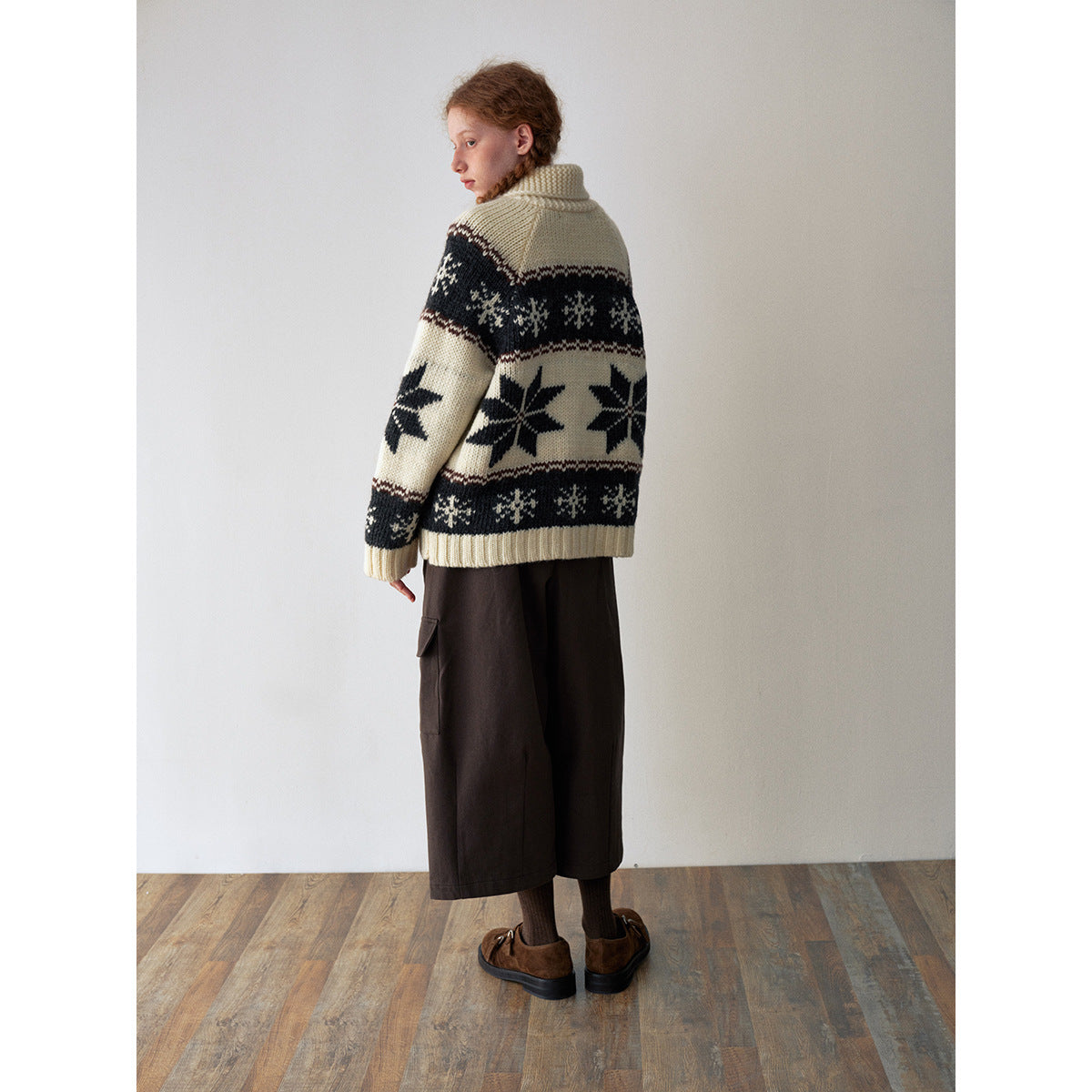 Winter casual lapel Fair Island thick needle all-wool versatile wool cardigan