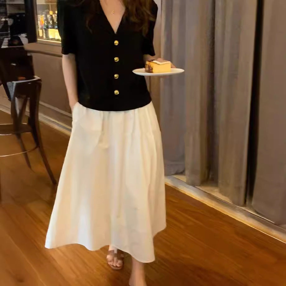 White high waist medium and long A-shaped skirt