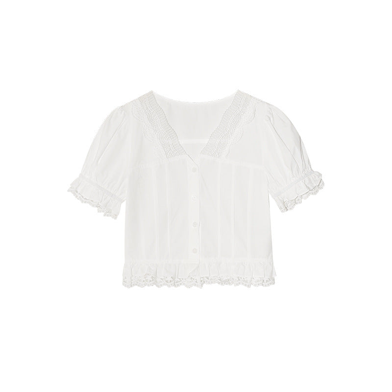 French Lace Trim V-Neck Puff Sleeve Cotton Shirt