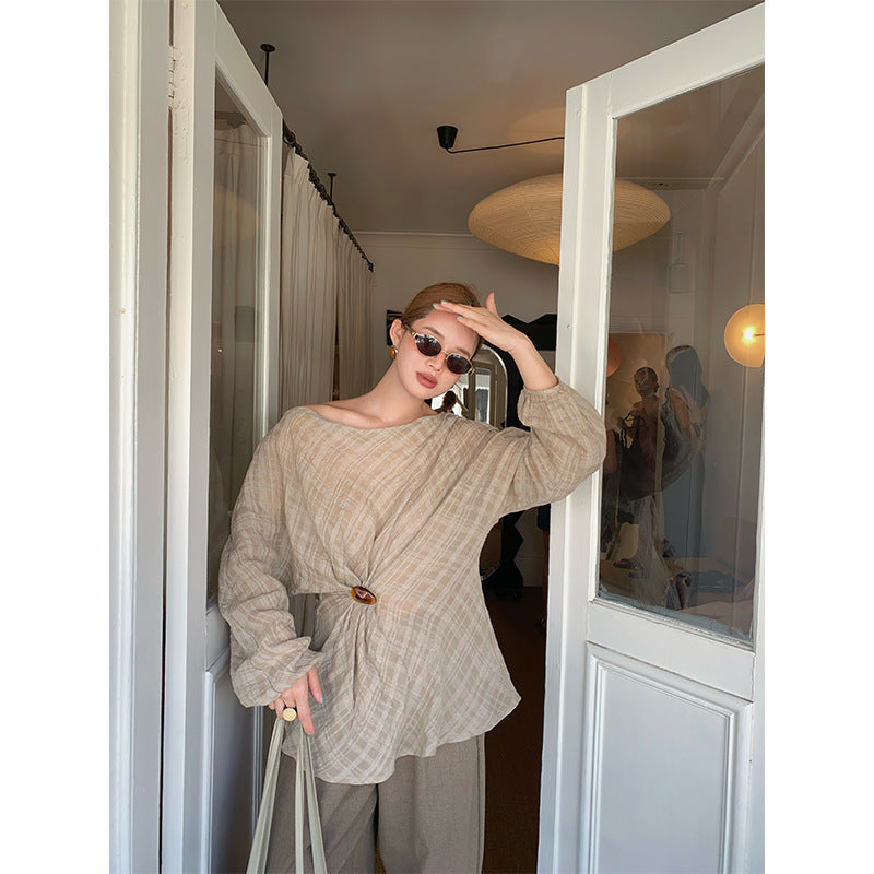 Early spring Korean retro pleated texture Tencel hemp slanted shoulder shirt