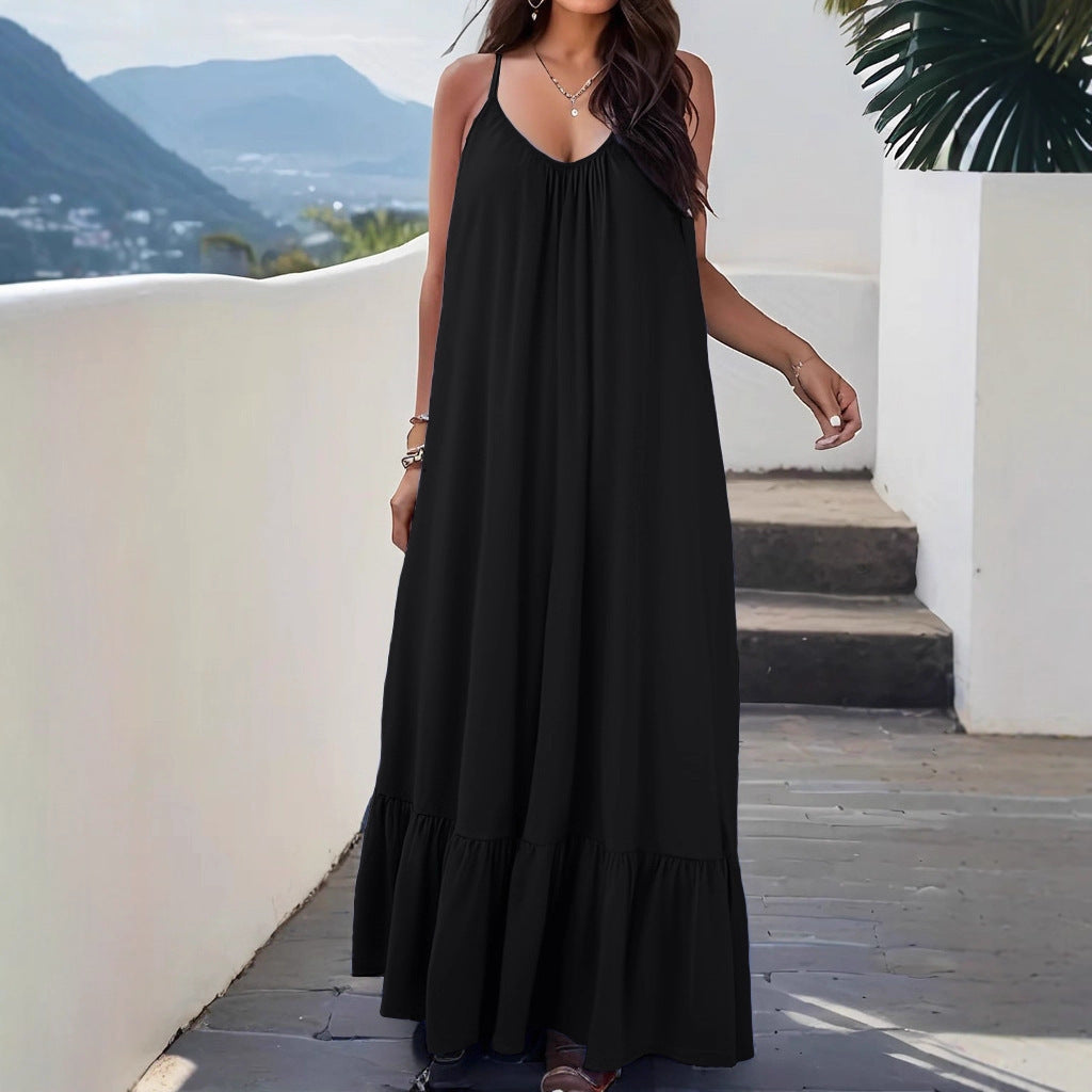 New AliExpress Independent Station Sexy Elegant Suspender Sleeveless Solid Color Dress