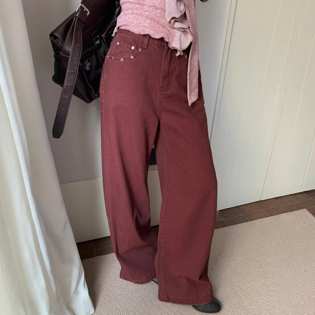 Casual simple floor mopping long loose wide-leg mid-rise jeans women