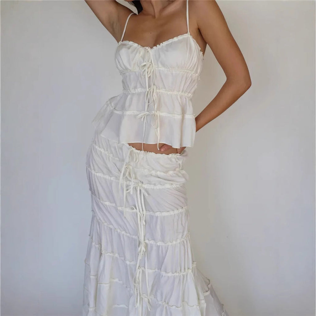 Sexy suspender top skirt set pleated lace lace-up long skirt two-piece set private clothes socialite