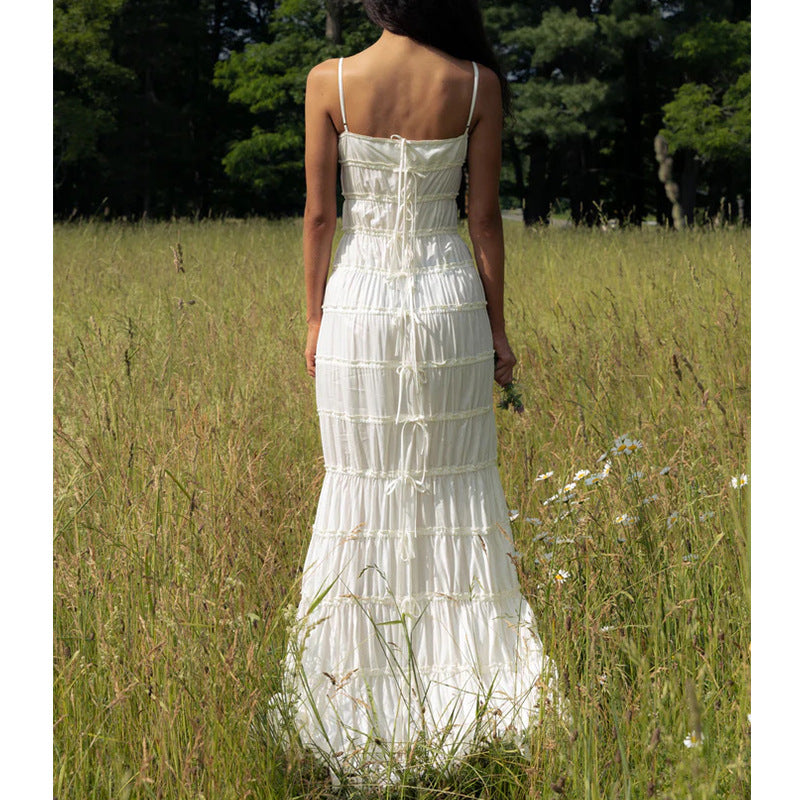 Sexy camisole dresses pleated lace maxi dresses with hot girl style are versatile and versatile