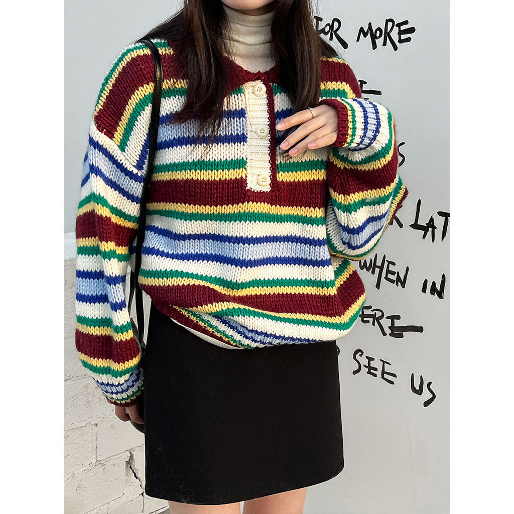 Korean striped polo neck sweater women's autumn and winter long-sleeved loose soft waxy knitted sweater colored top