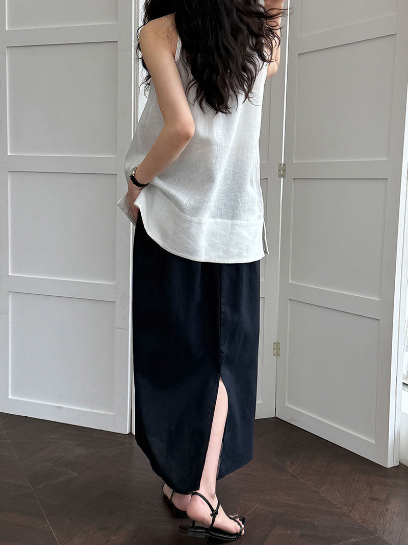 Simple retro cotton and linen skirt summer new split elastic waist straight A-shaped skirt medium and long skirt