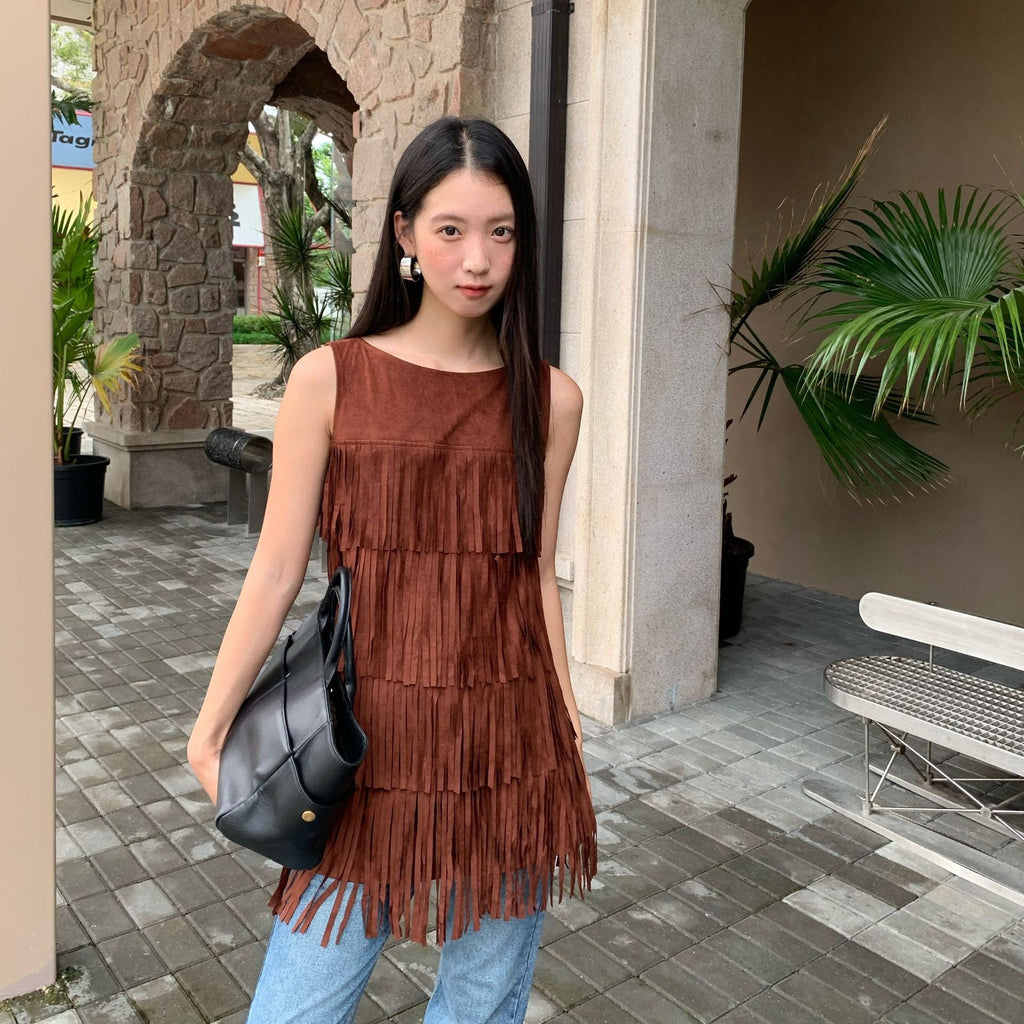 Temperament Heavy Industry Tassel Sleeveless Vest Dress