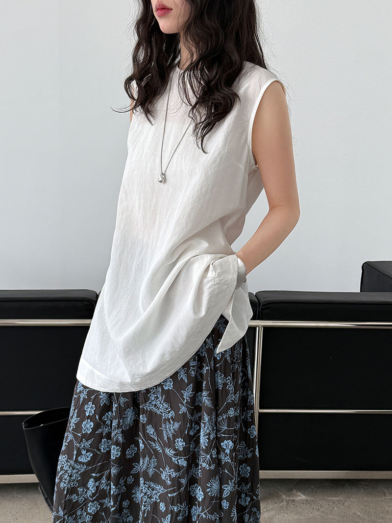 French Tencel Linen Small Shirt on Both Sides Women's Summer New Temperament Loose Sleeveless Shirt Top