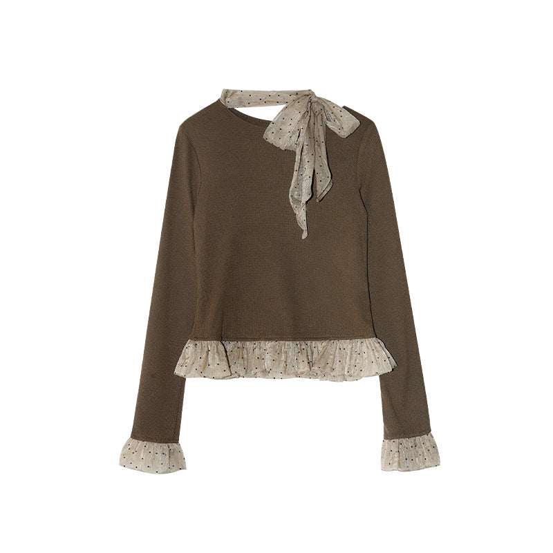 Court style sweet age-reducing bow long-sleeved knitted sweater for women
