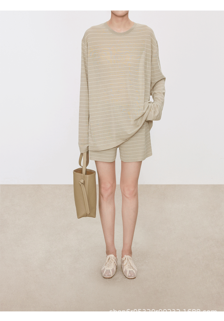 Striped Sweater Set Women Loose Fit Round Neck Long Sleeve Triacetate Cotton