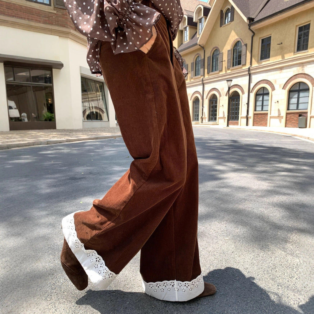 Splicing lace corduroy straight-leg pants