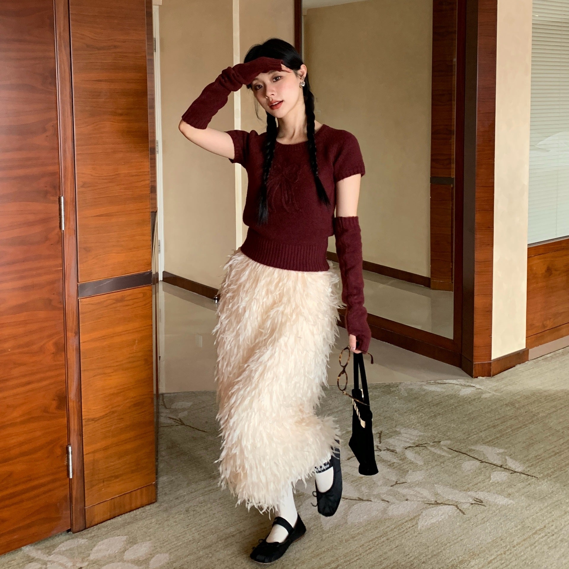 French gentle fairy skirt straight thin feather fringed skirt