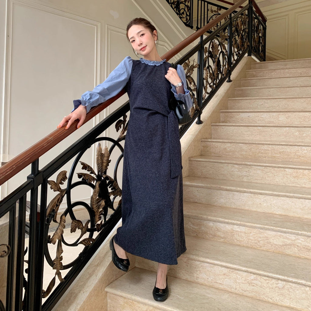 Gentle temperament waist long-sleeved knitted splicing dress