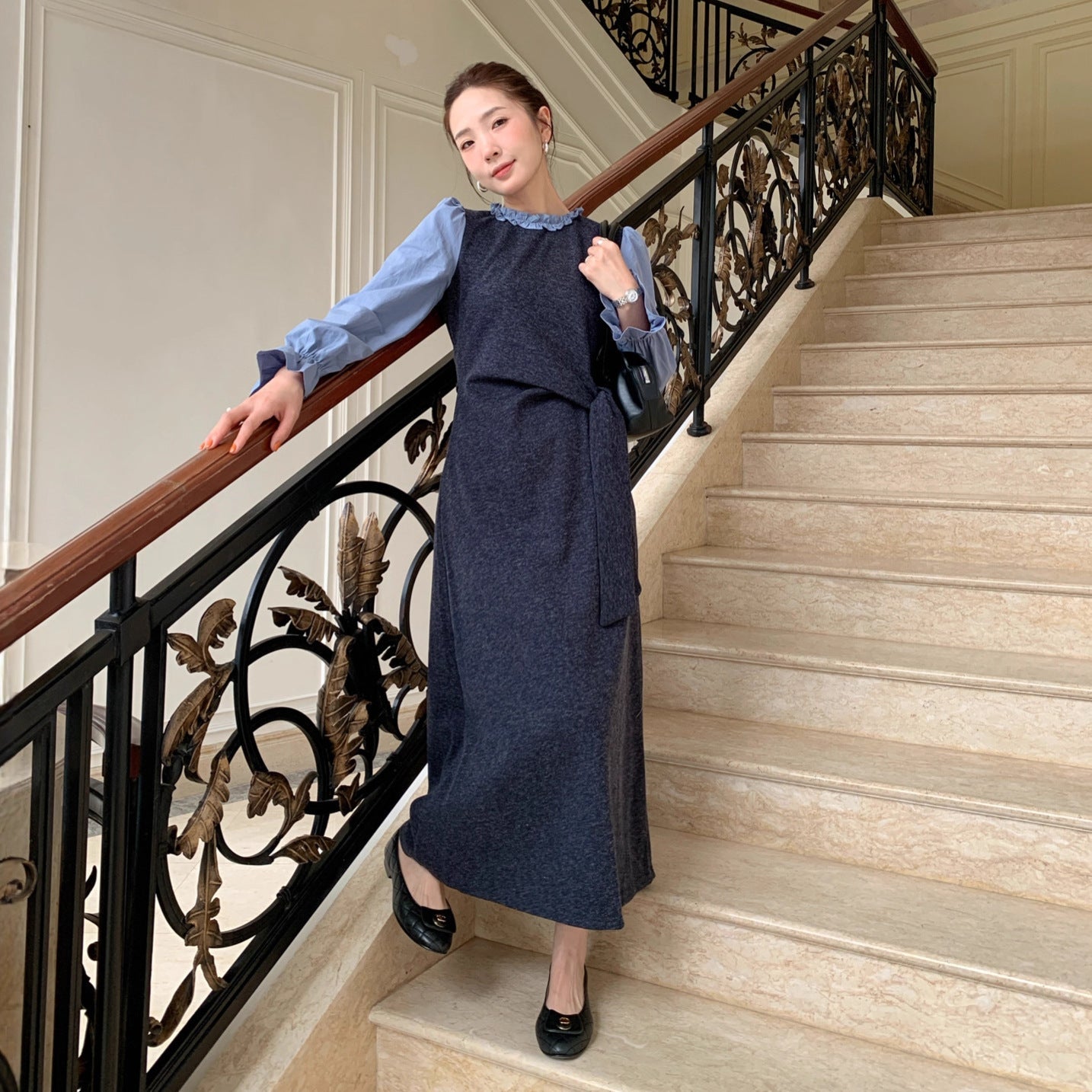 Gentle temperament waist long-sleeved knitted splicing dress
