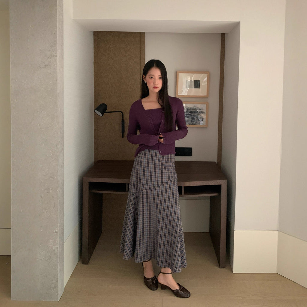 Cotton high-waisted A-line contrasting plaid skirt