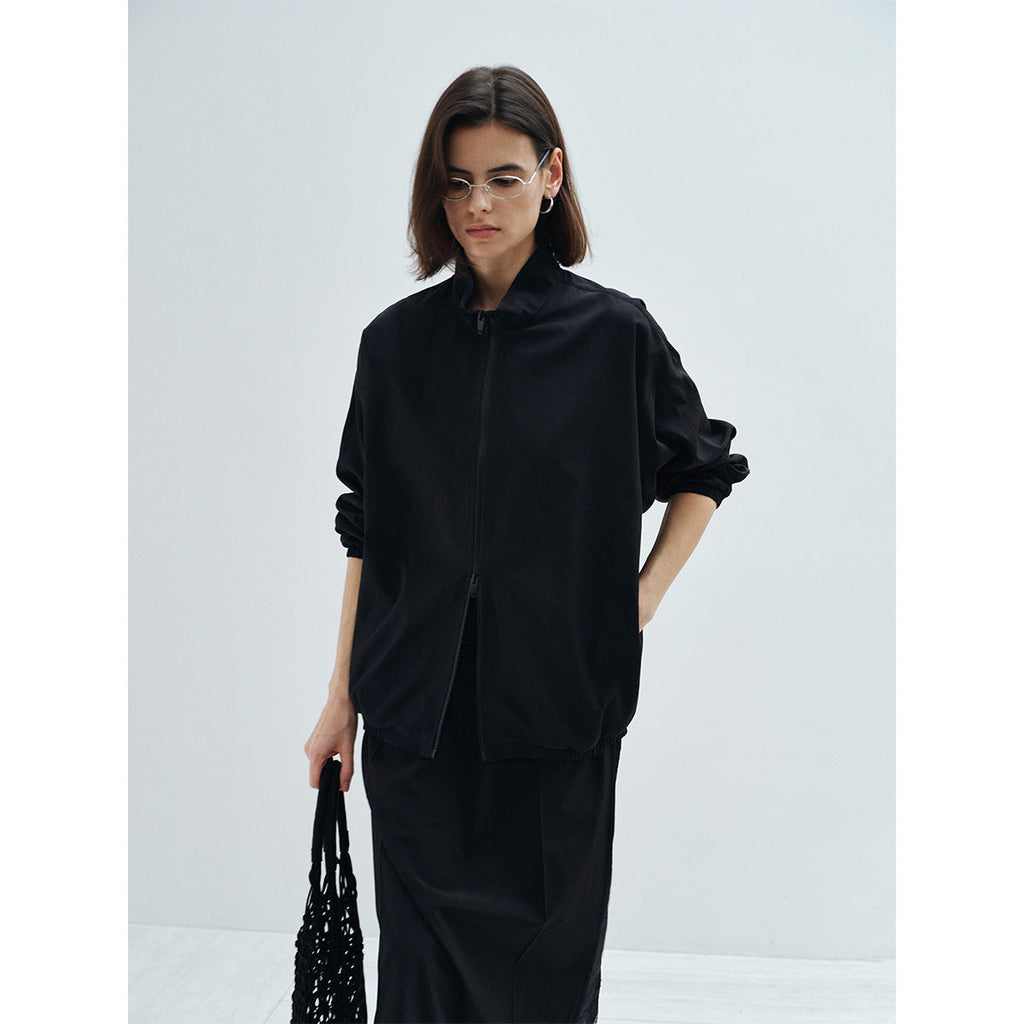 Spring solid color minimalist silk wool stand-up collar lazy slack jacket