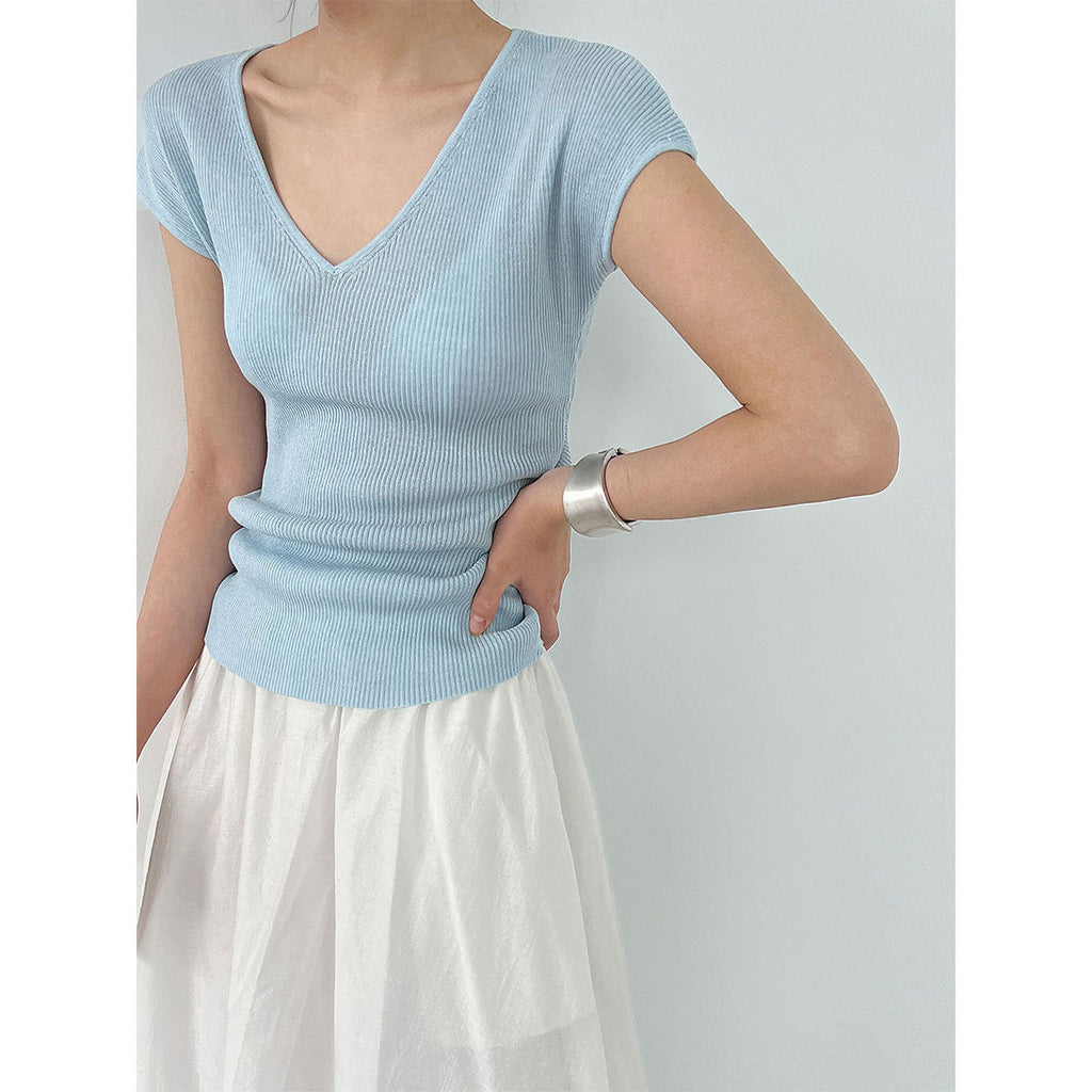 French V-neck knitted short-sleeved T women's summer new basic commuter versatile slim stretch top