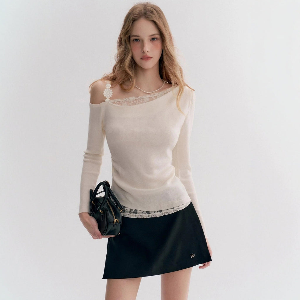 Fashion lace slanted shoulder bottoming shirt T-shirt