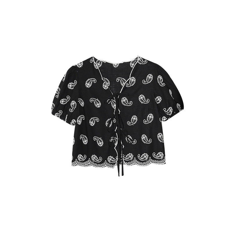 V-neck lace-up embroidered temperament shirt