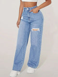 Washed Distressed Ripped Denim Jeans | Women's Casual Straight Trousers