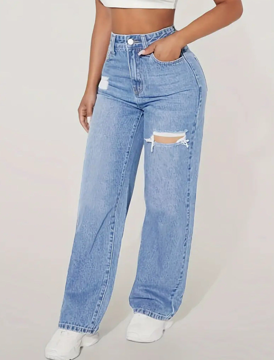 Washed Distressed Ripped Denim Jeans | Women's Casual Straight Trousers