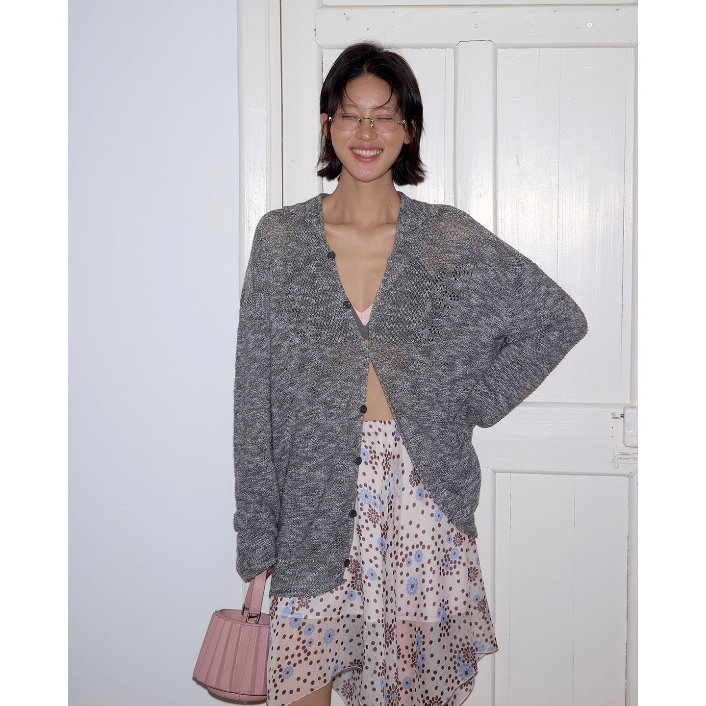 Hollow POLO neck sunscreen cardigan knitted sweater loose outer long-sleeved top